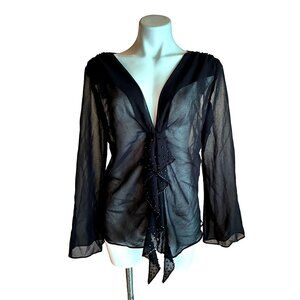 Elegant Vintage 90s Sheer Black Cocktail Jacket Beaded Ruffle Front Long Sleeve